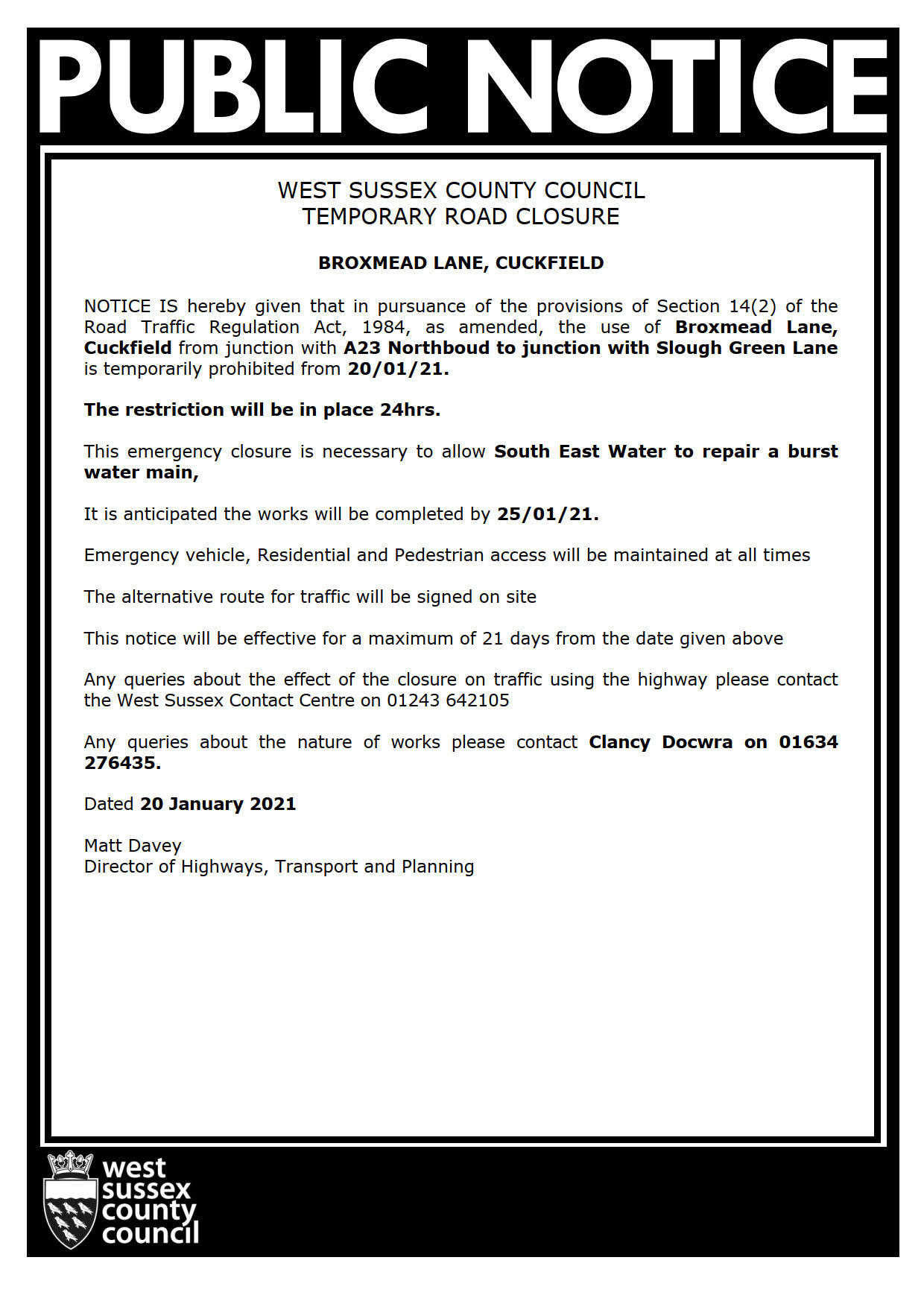Broxmead Lane Closure