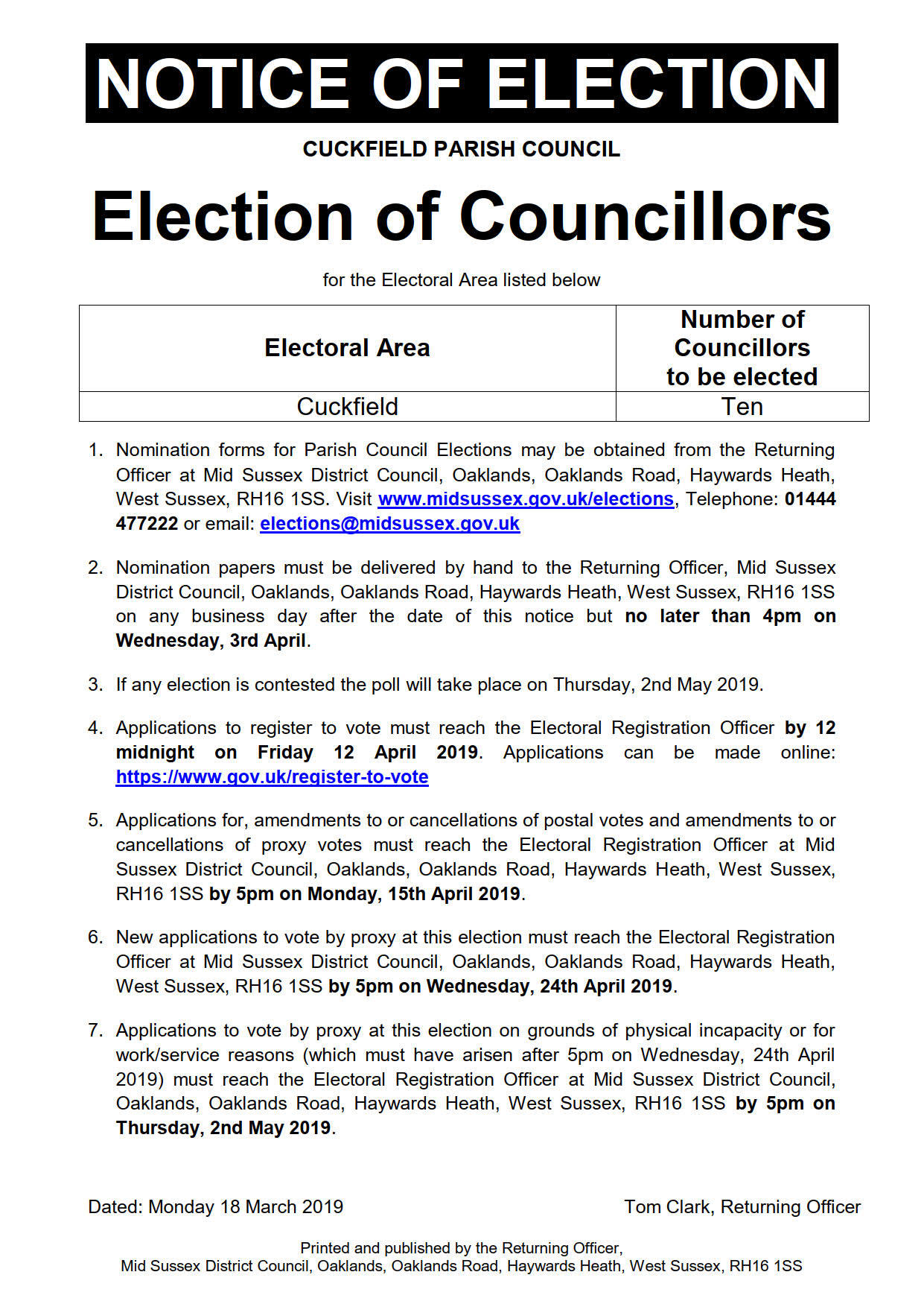Notice Of Election Cuckfield